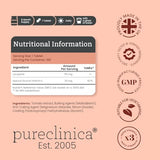 PureClinica Lycopene 50 mg, etiqueta destacada, resalta el valor antioxidante para el día a día.