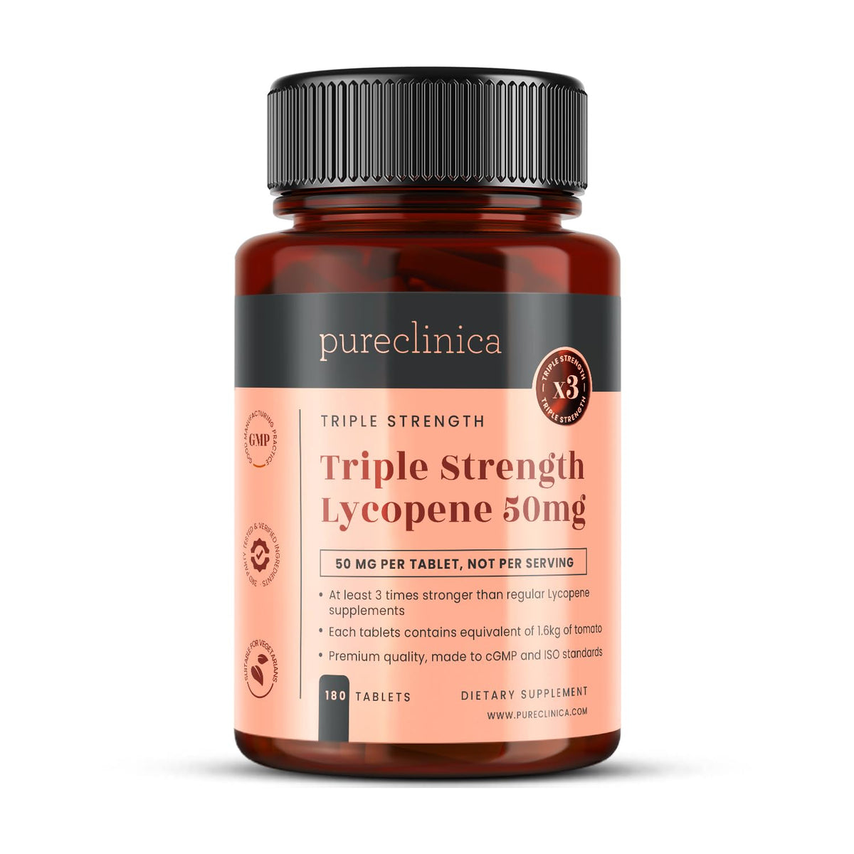 PureClinica Lycopene 50 mg, vista frontal de la botella, ideal para uso diario.