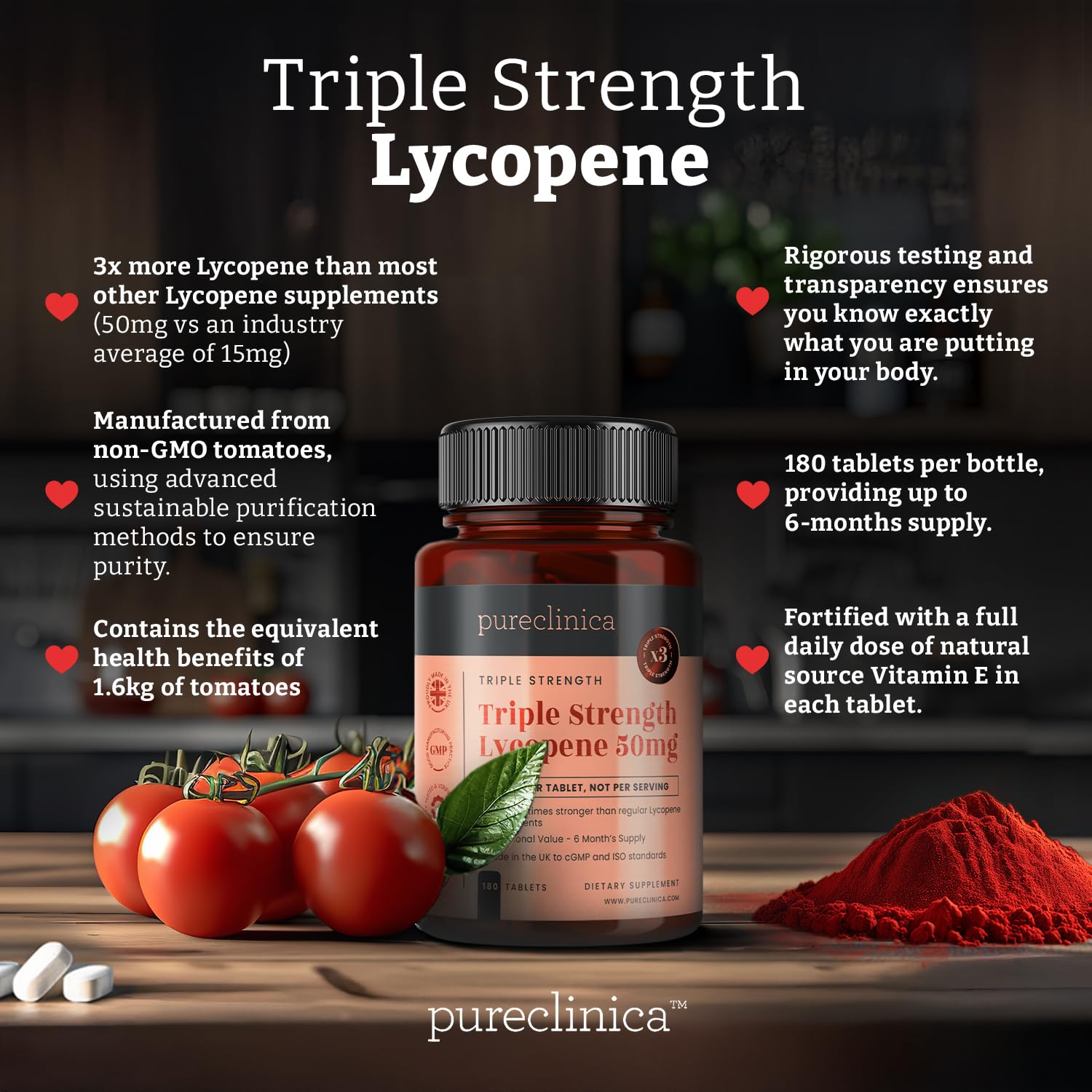 PureClinica Lycopene 50 mg, mano sosteniendo botella, fácil de incorporar.