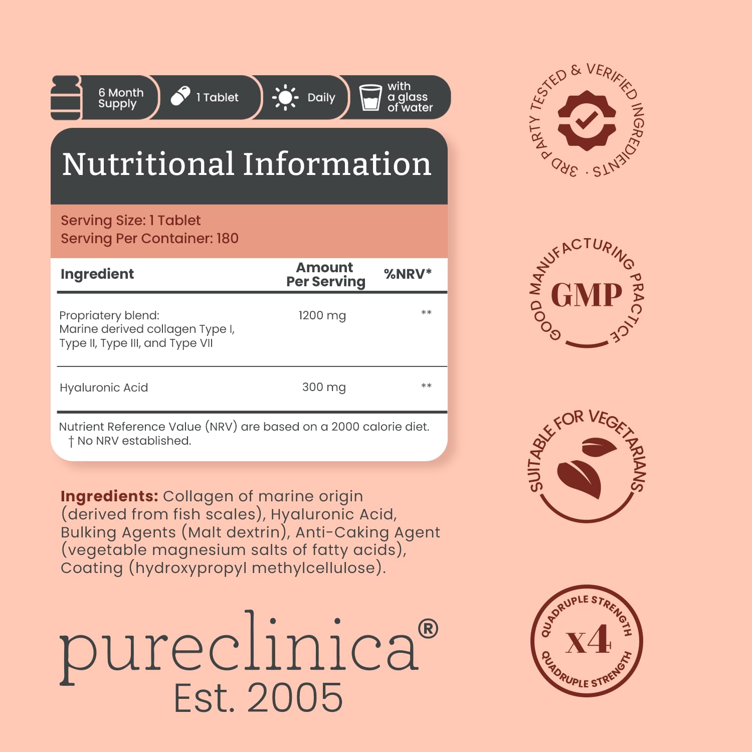 PureClinica UltraColl tabletas en mano, muestra dosis diaria de colágeno y ácido hialurónico.