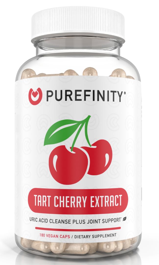 PUREFINITY cápsulas de cereza agria en bote, formato cómodo para uso diario.