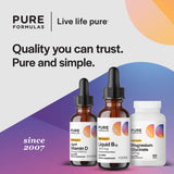 PureFormulas B12 etiqueta clara, seguridad y origen estadounidense.