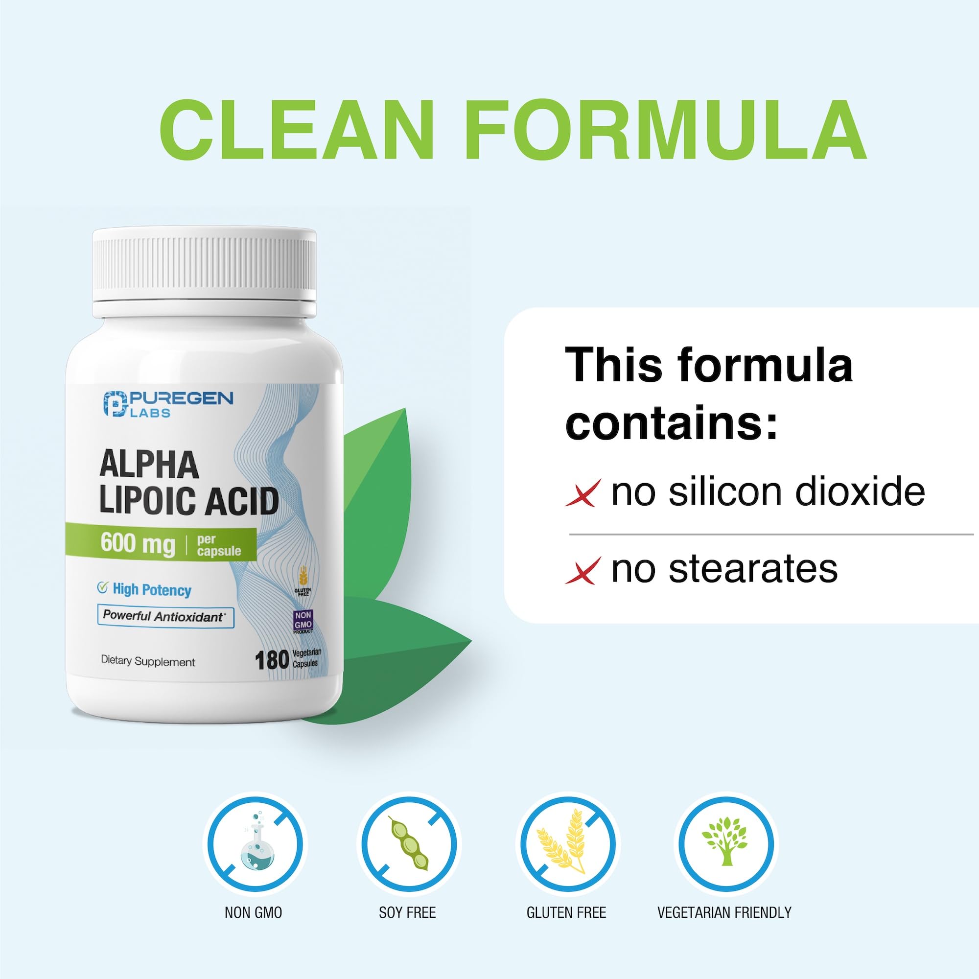 Puregen Labs Alpha Lipoico 600 mg: etiqueta clara con lista de ingredientes.