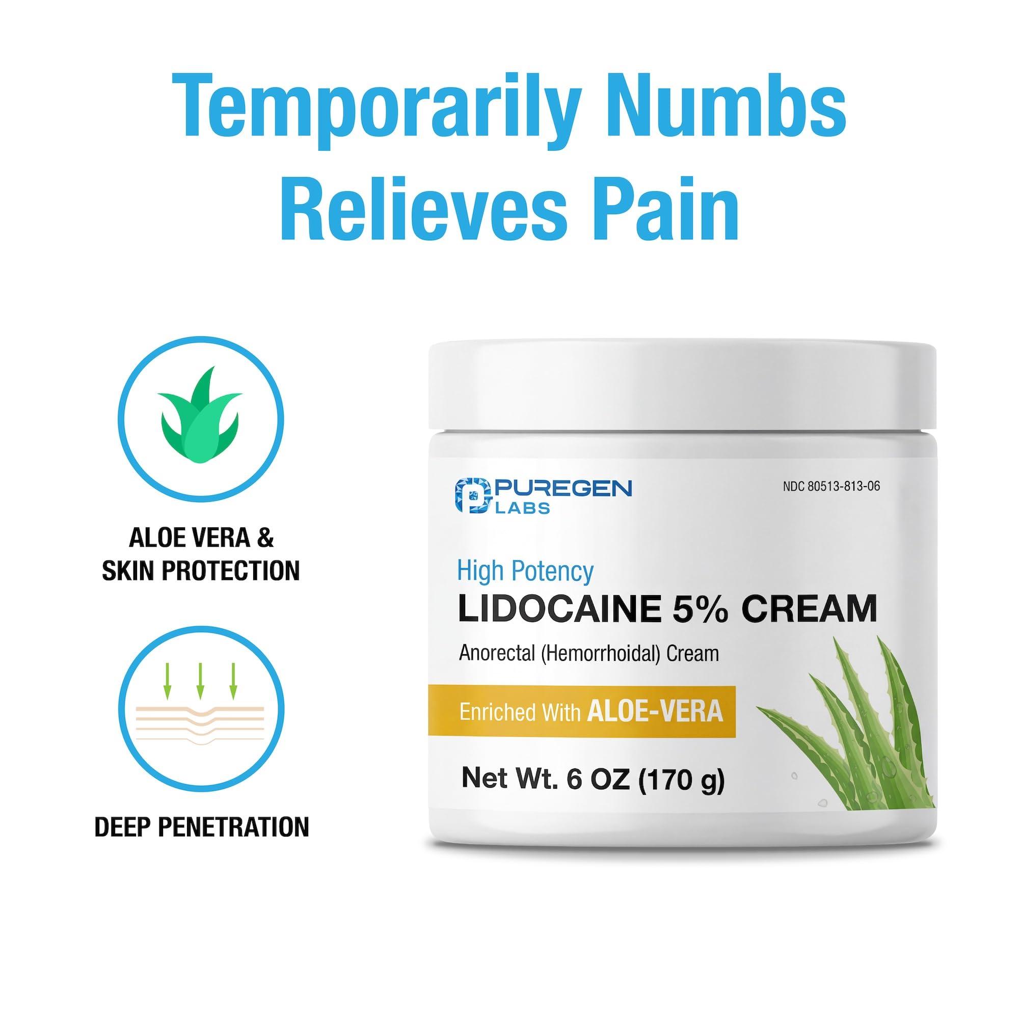 Puregen Labs Aloe Vera, ingrediente calmante que ayuda a hidratar y confortar.