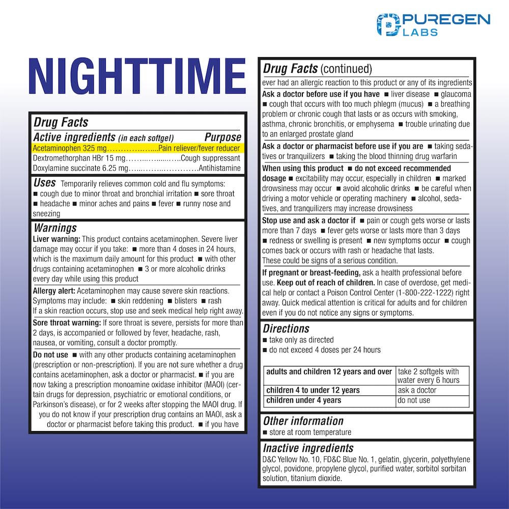 Puregen Labs cápsula blanda primer plano para alivio rápido.