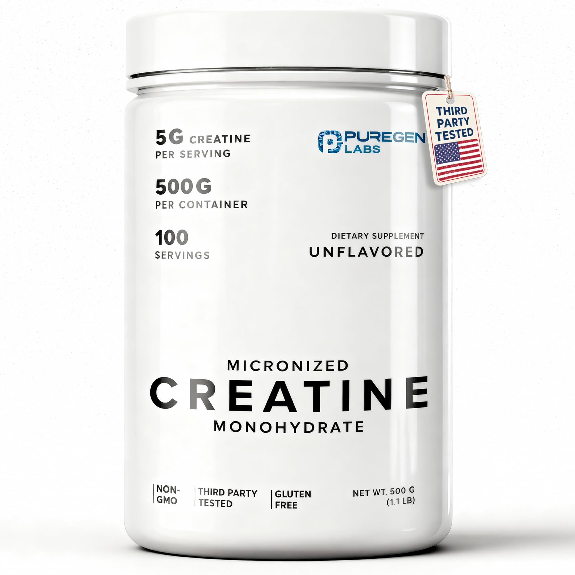 Puregen Labs creatina monohidrato micronizada en envase 500 g para disolución rápida.
