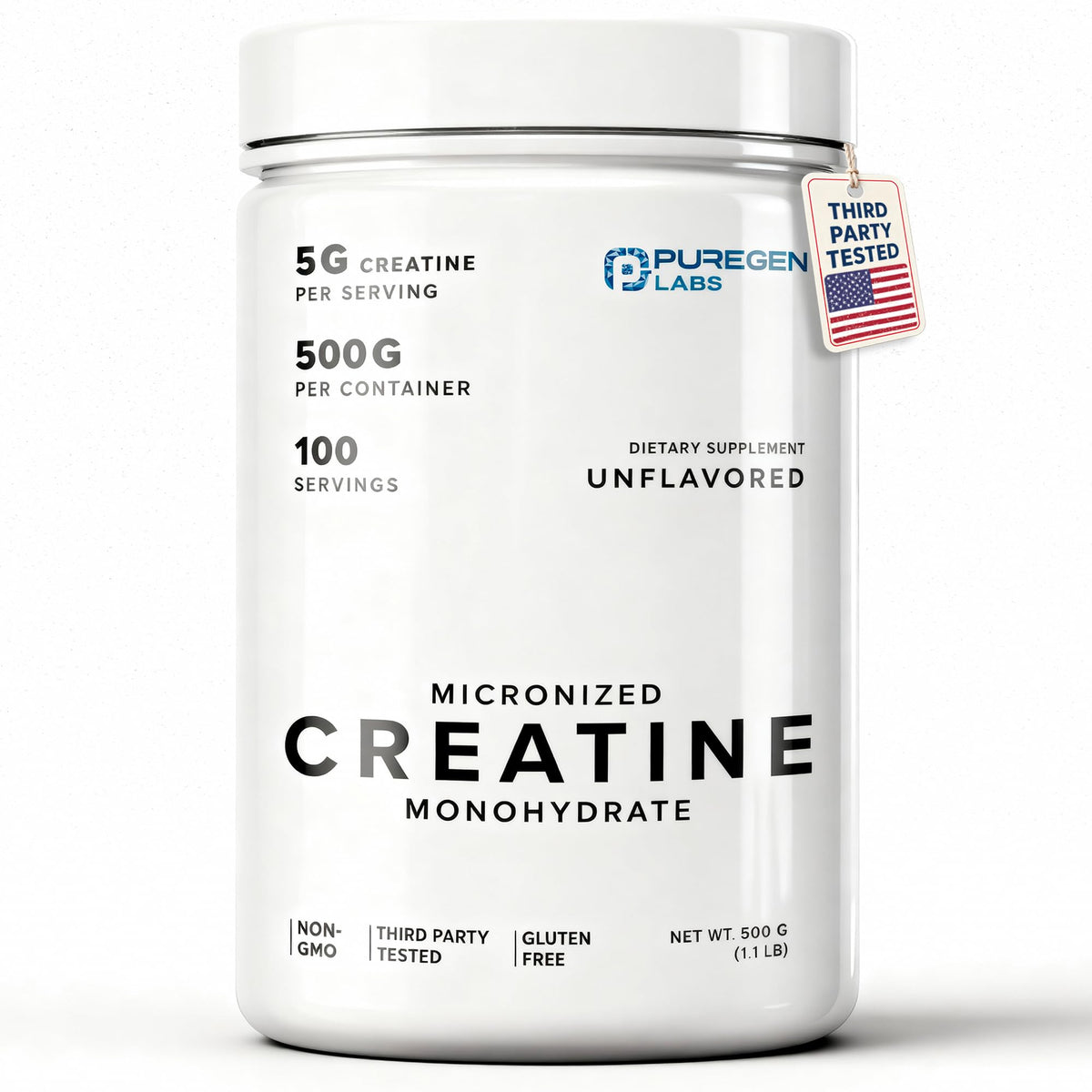 Puregen Labs creatina monohidrato micronizada en envase 500 g para disolución rápida.
