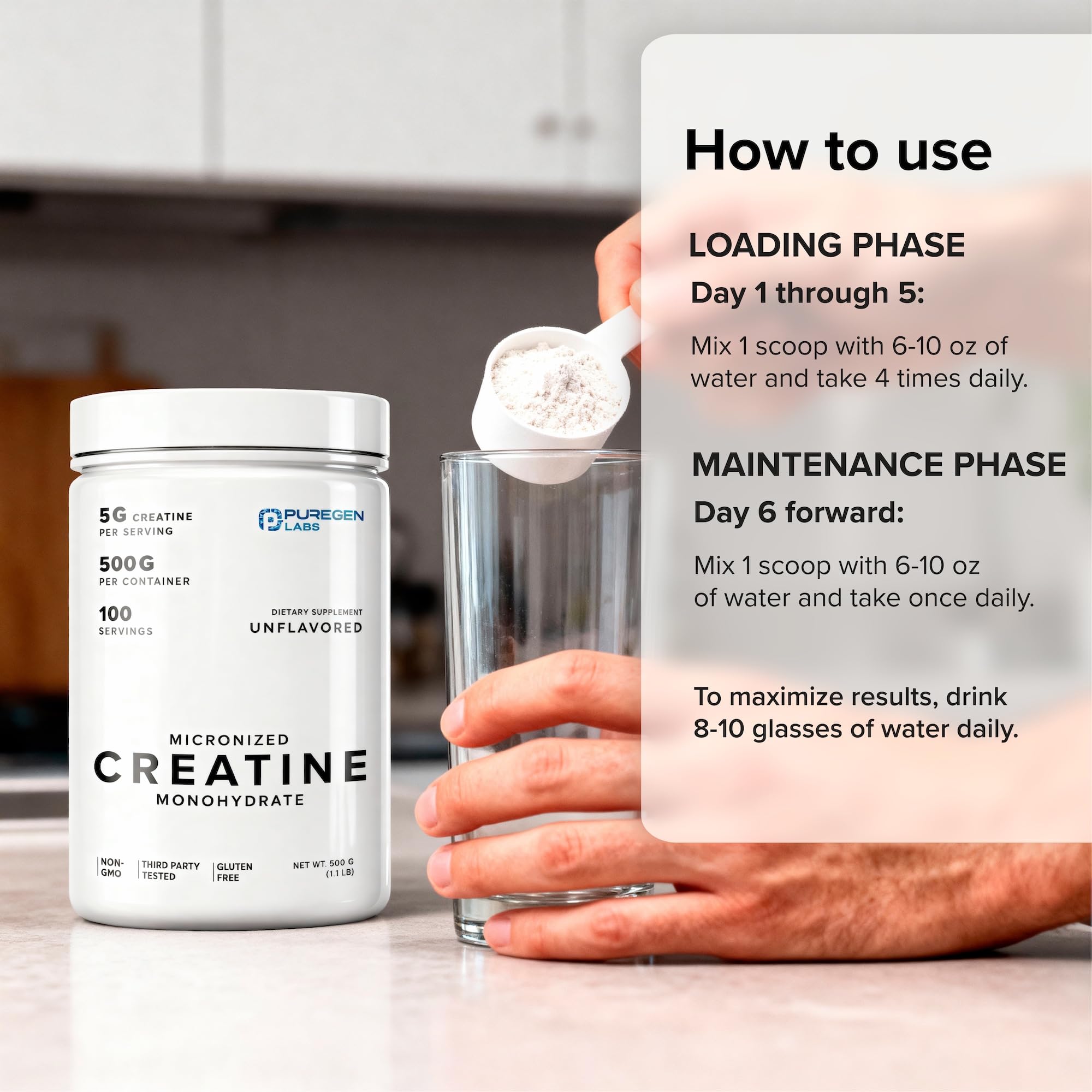 Envase de Puregen Labs en entorno de gimnasio listo para entrenamientos.