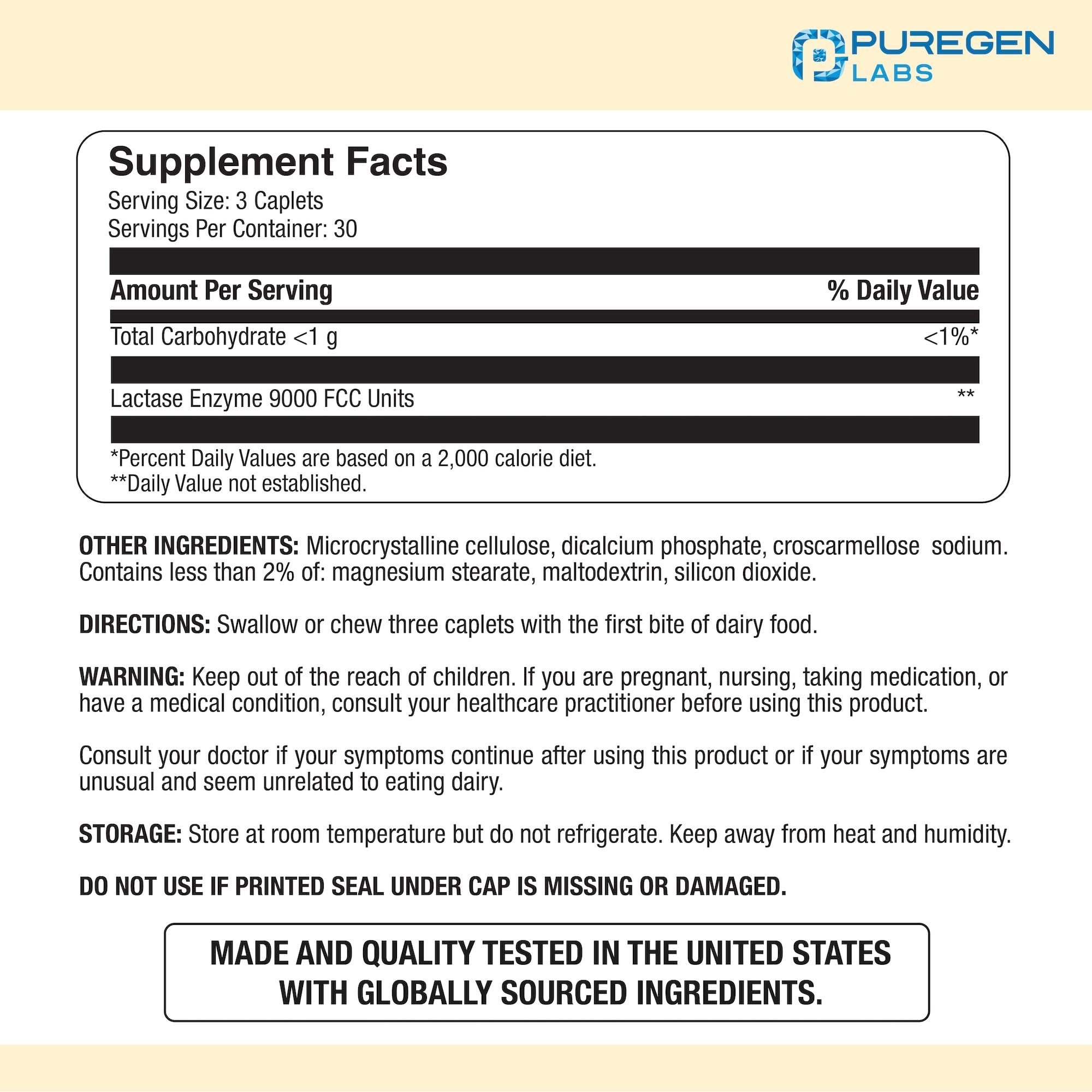 Puregen Labs Dairy Relief etiqueta con dosificación clara para tus comidas