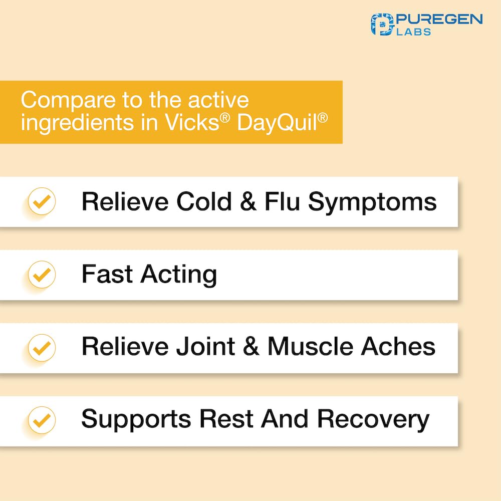 Puregen Labs DayTime en mano, cápsulas para alivio rápido de congestión y dolor.