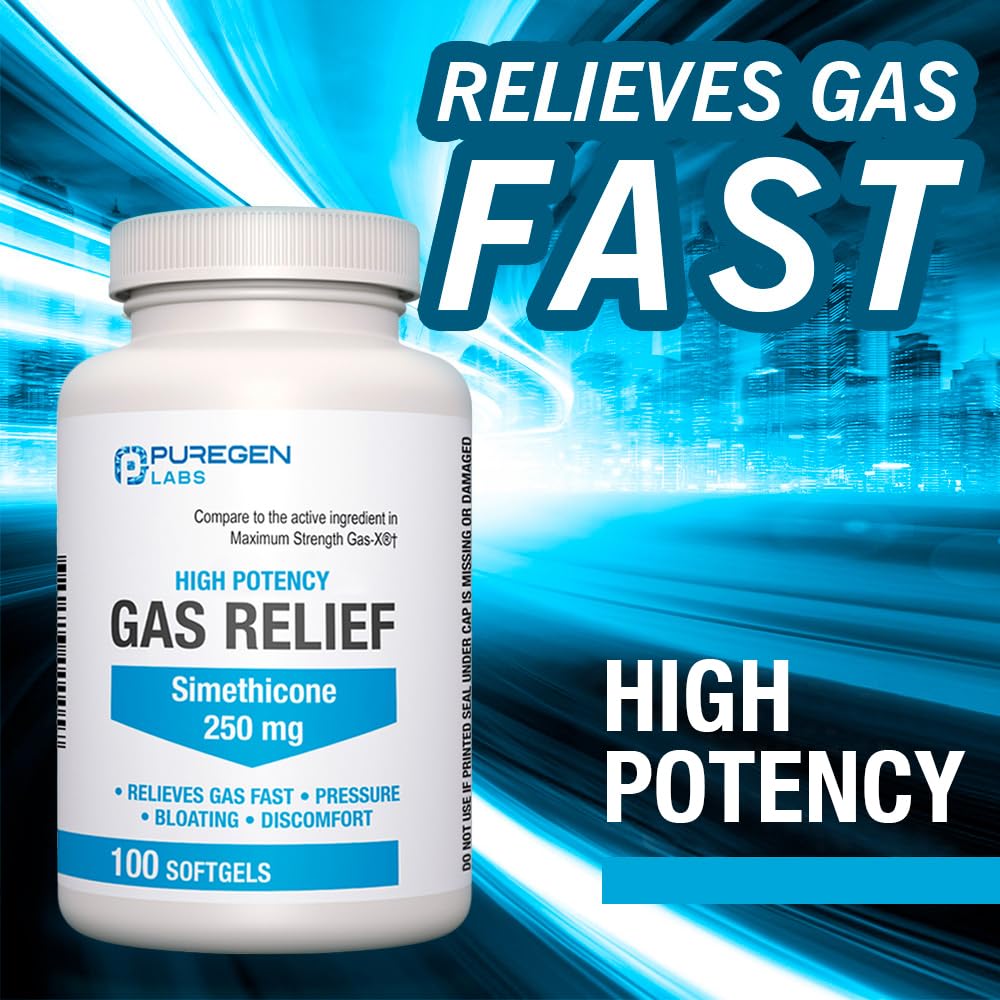 Puregen Labs Etiqueta del producto enfocada en alivio de gases.