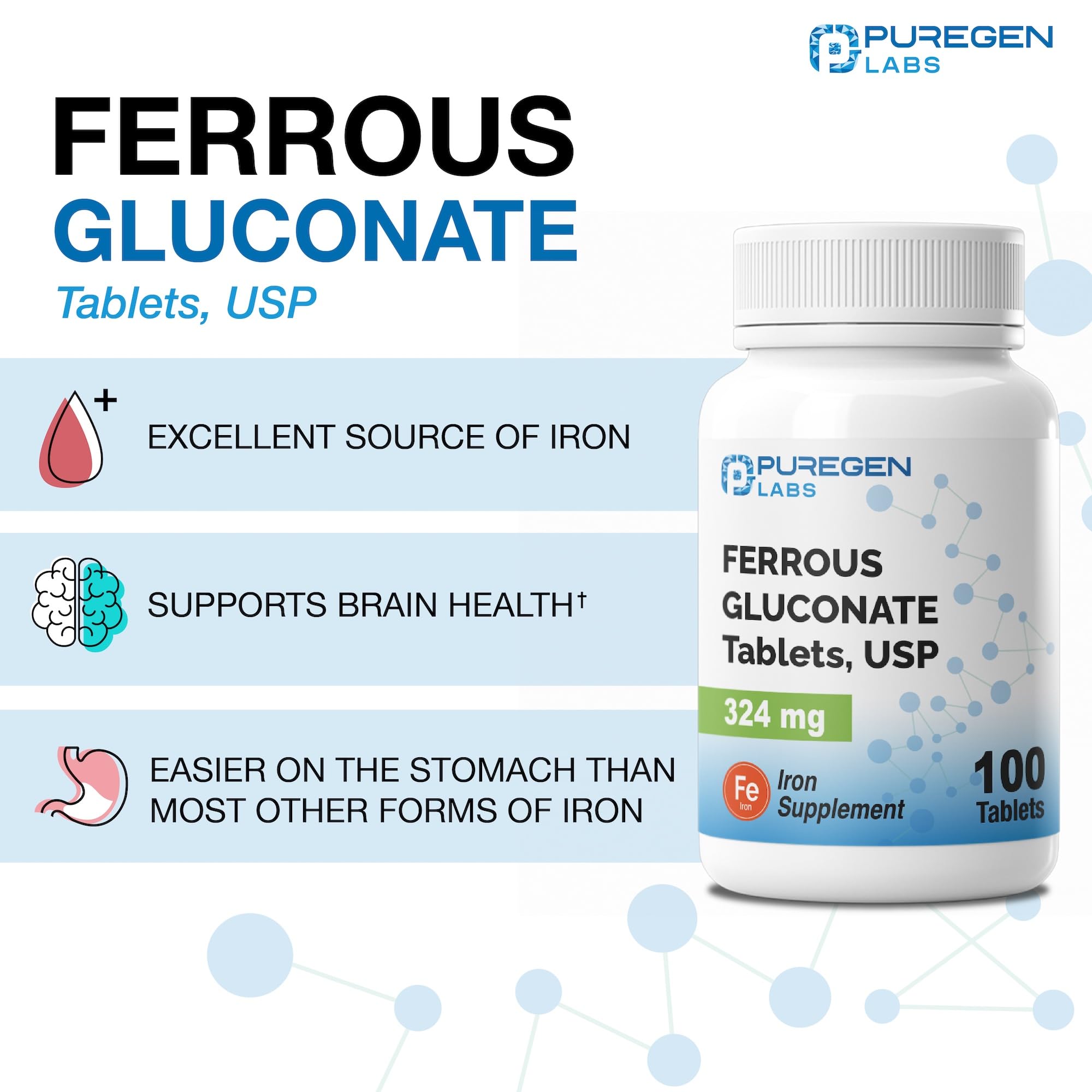 Etiqueta de Puregen Labs Ferroso Gluconato con información de dosis.
