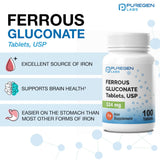 Etiqueta de Puregen Labs Ferroso Gluconato con información de dosis.
