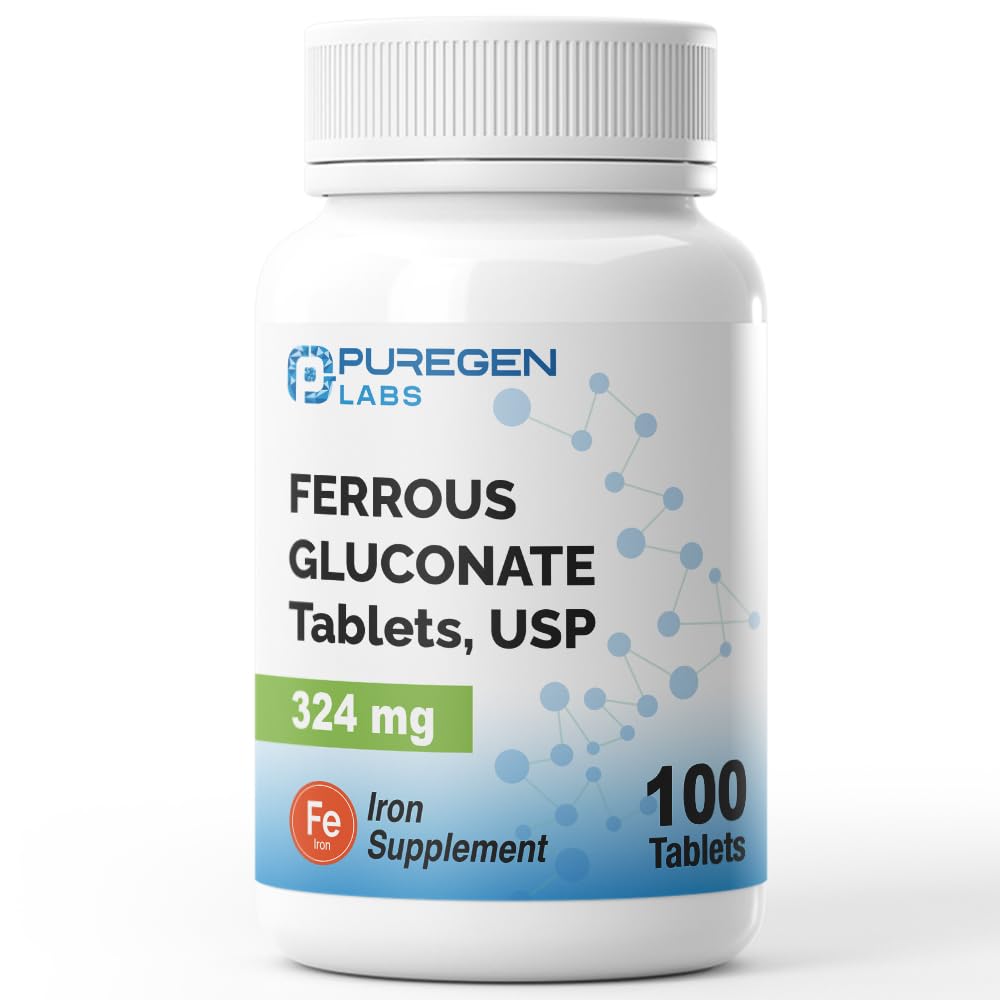 Frasco Puregen Labs gluconato ferroso 324 mg, formato práctico de comprimidos.