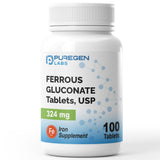 Frasco Puregen Labs gluconato ferroso 324 mg, formato práctico de comprimidos.