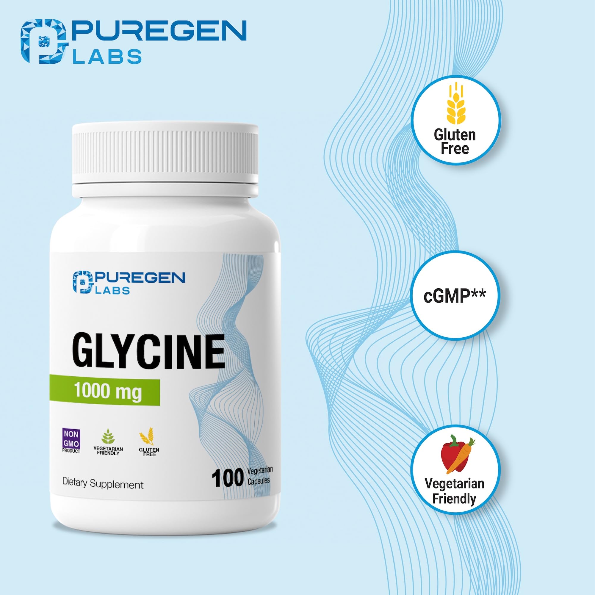 Etiqueta frontal de glicina Puregen Labs 1000mg, fórmula limpia y clara