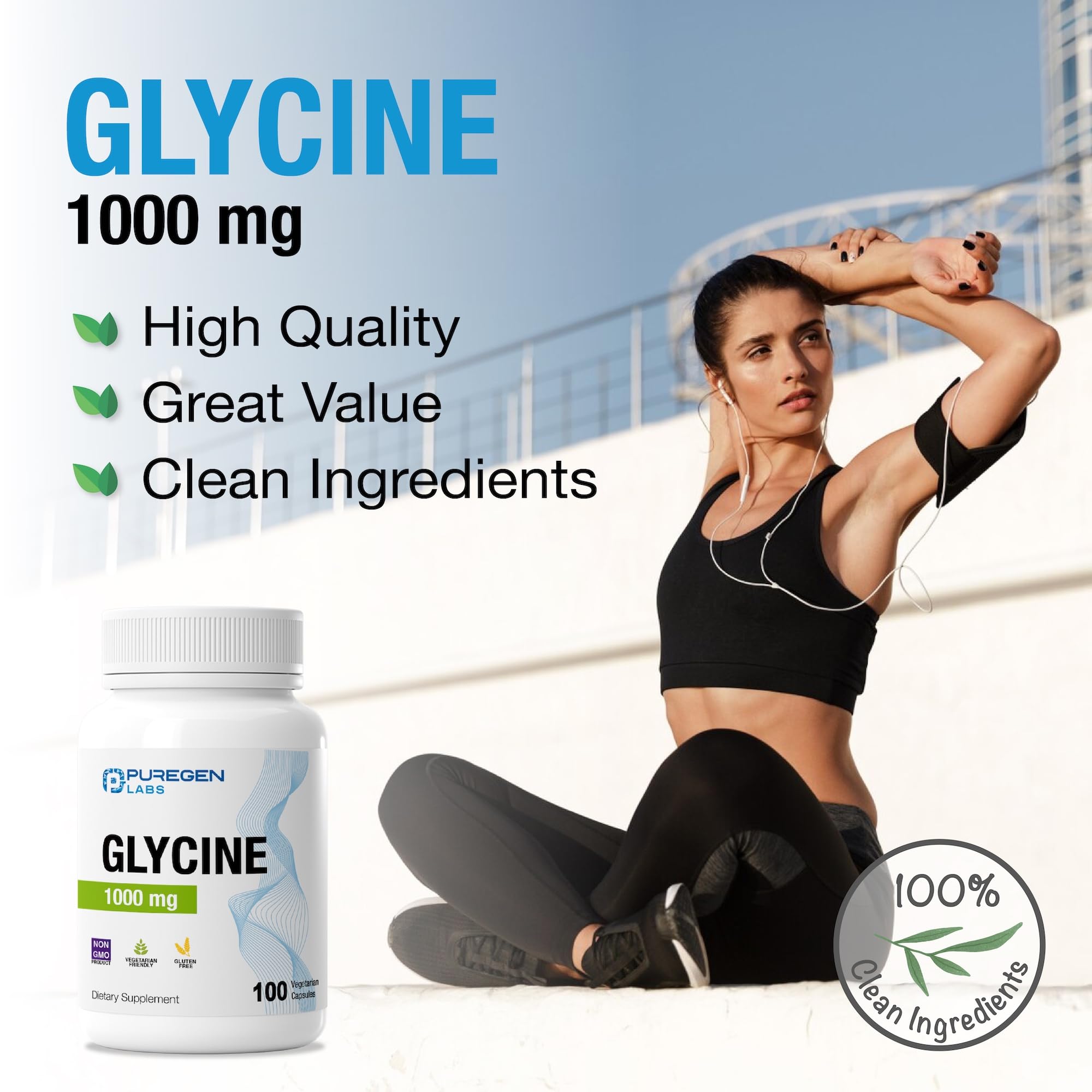 Puregen Labs glicina, cápsulas fáciles de tragar y empaque limpio