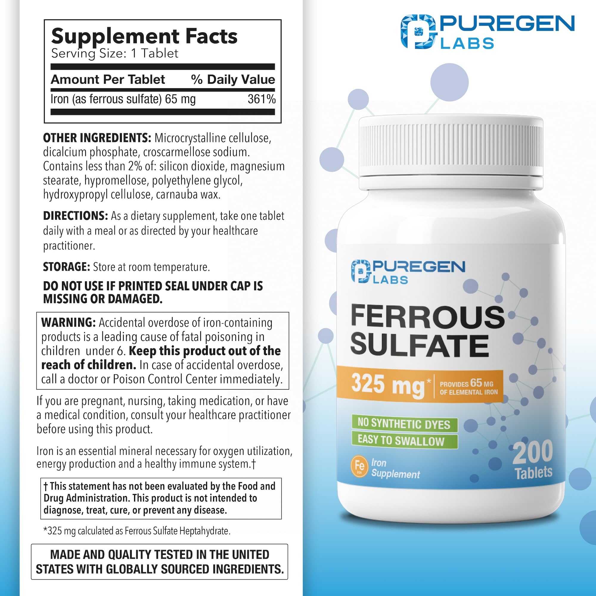 Puregen Labs tabletas con 65 mg de hierro elemental para soporte diario