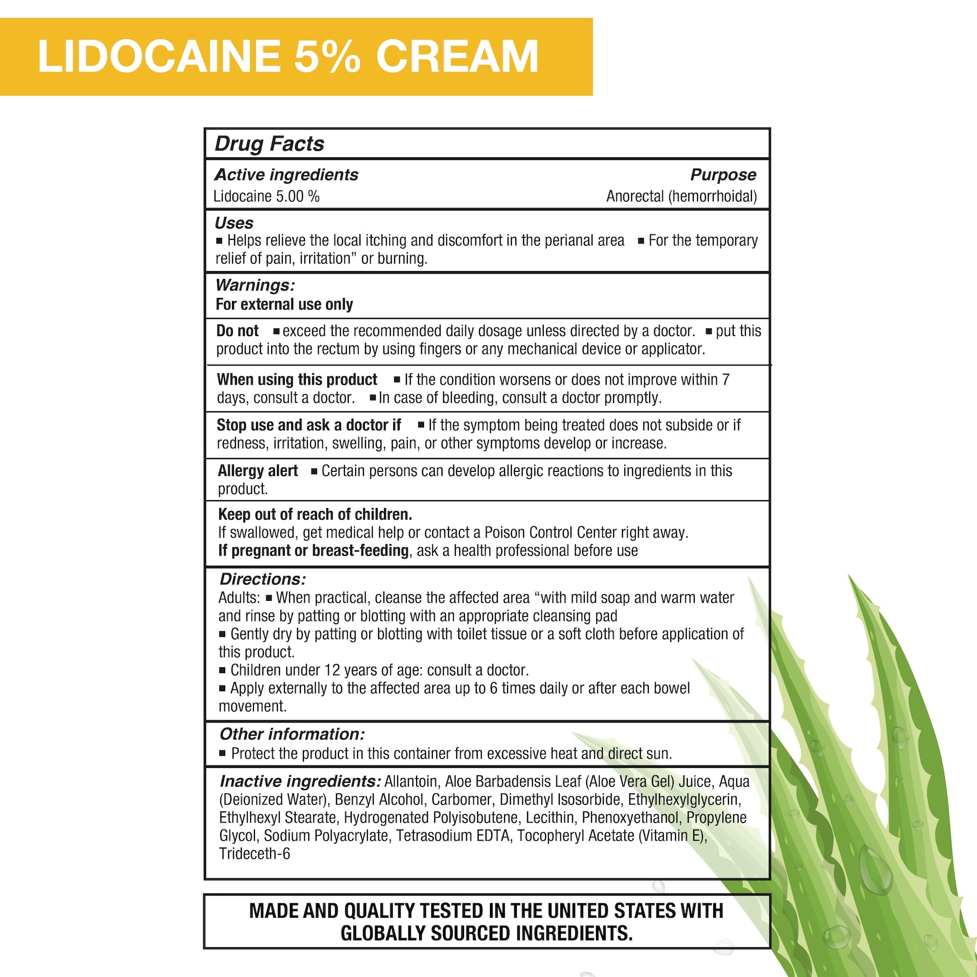 Puregen Labs Lidocaína 5% crema anorectal, etiqueta clara para confianza y uso seguro.
