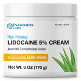 Puregen Labs Lidocaína 5% crema anorectal, frente del envase para alivio localizado.