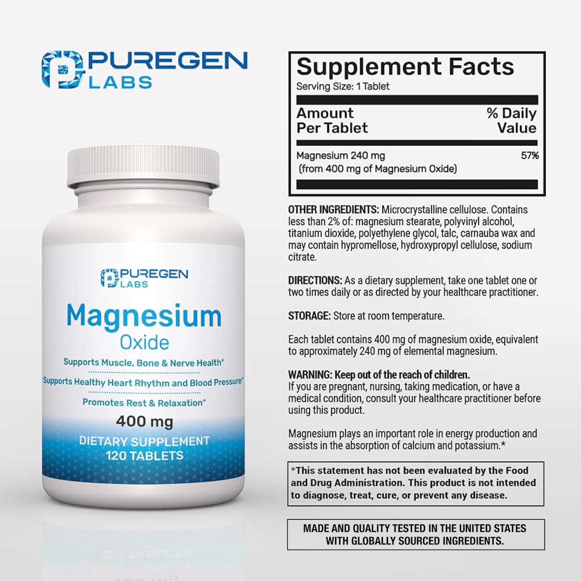Puregen Labs Magnesio 400mg botella: facilita la relajación y recuperación muscular.