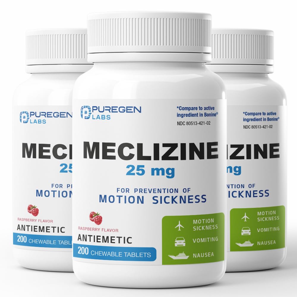 Puregen Labs Meclizine tableta frambuesa lista para uso durante el viaje