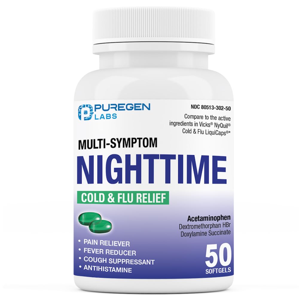 Puregen Labs alivio nocturno en botella para dormir mejor.