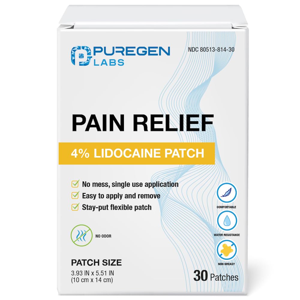 Parche de lidocaína 4% de Puregen Labs para alivio local temporal.