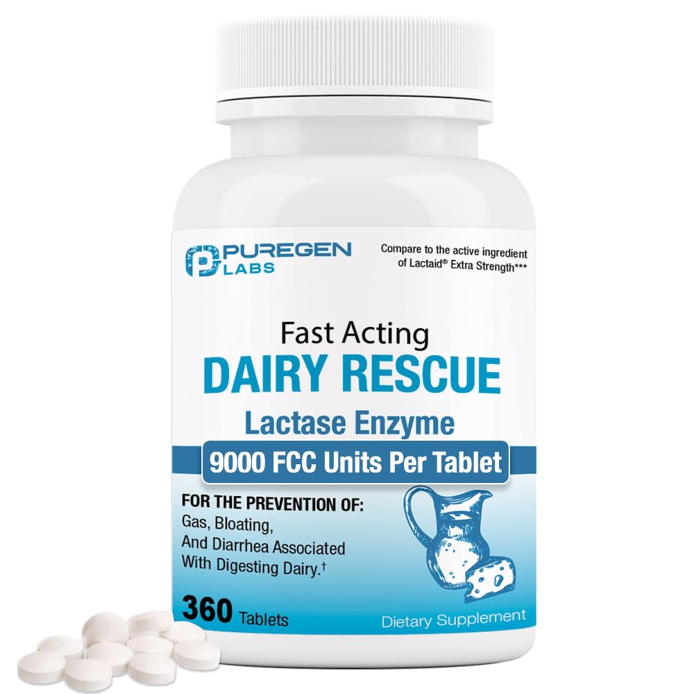 Puregen Labs Dairy Rescue muestra la botella para uso diario y comodidad digestiva.