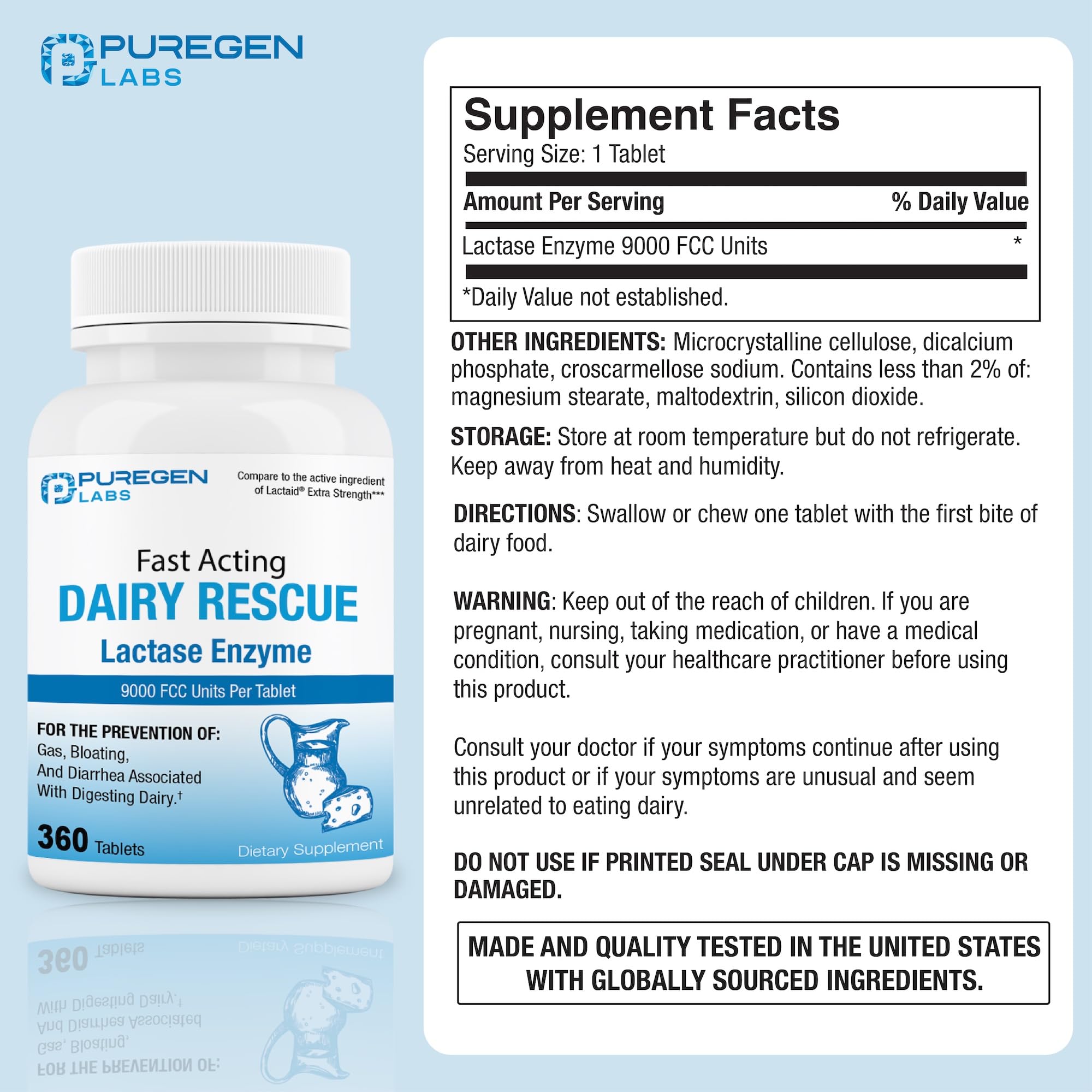 Tableta Dairy Rescue de Puregen Labs para digestión rápida tras la lactosa.