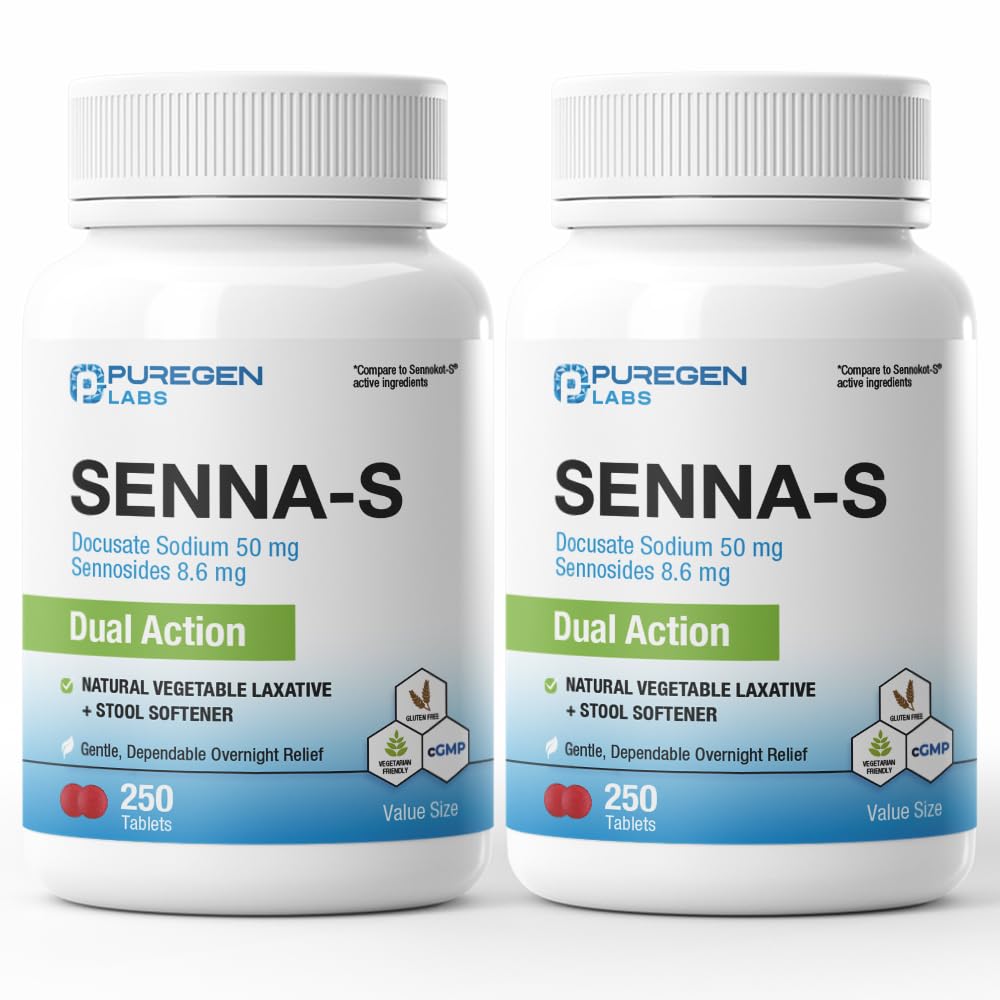 Puregen Labs Senna-S, botella de laxante vegetal para tránsito suave.
