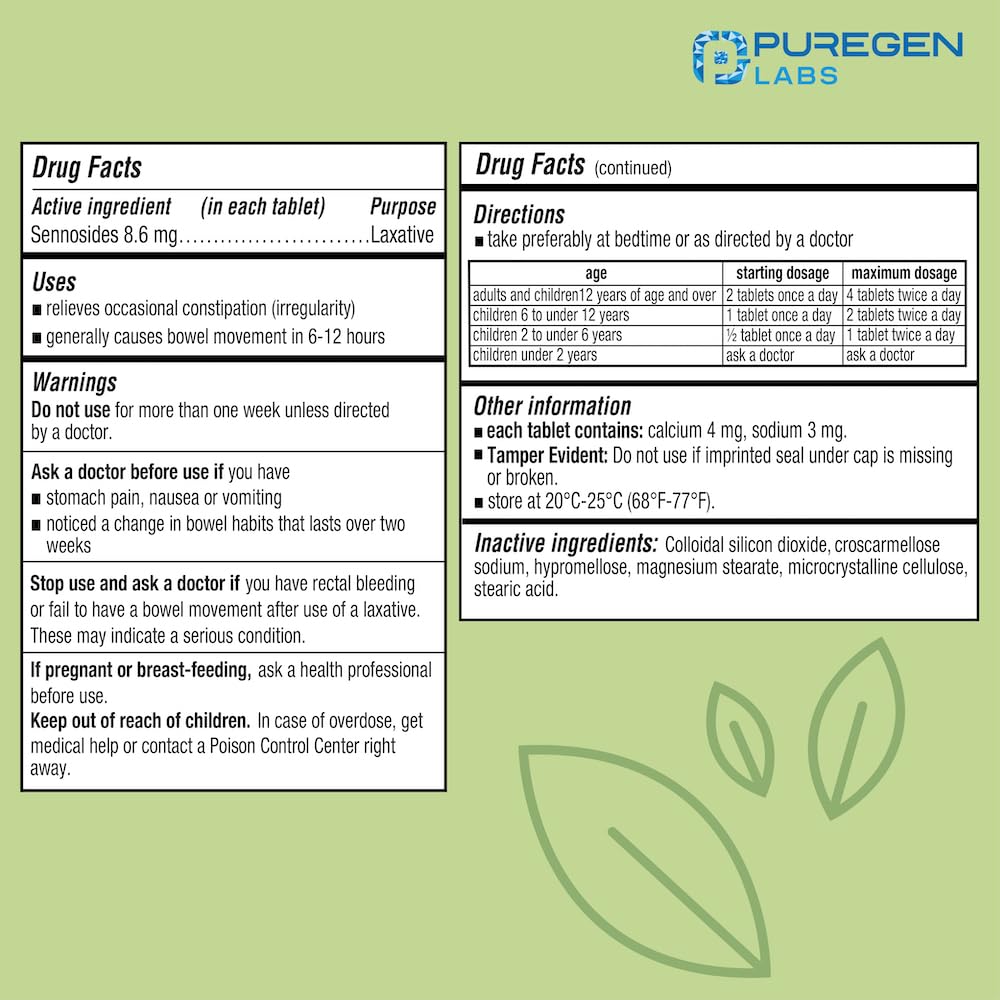 Puregen Labs Senna frasco de 8.6 mg para movilizar suavemente el intestino.