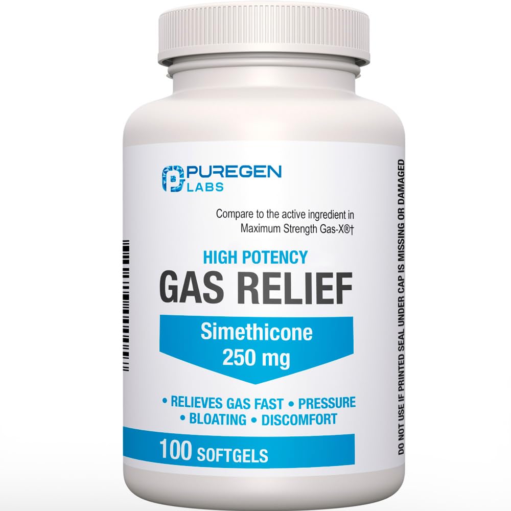 Puregen Labs Softgeles en botella, alivio rápido de gases para uso diario.