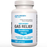 Puregen Labs Softgeles en botella, alivio rápido de gases para uso diario.