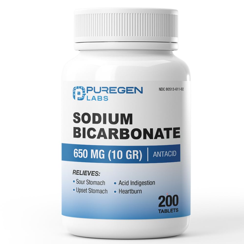 Puregen Labs tableta de bicarbonato de sodio 650 mg, uso diario para alivio digestivo suave.