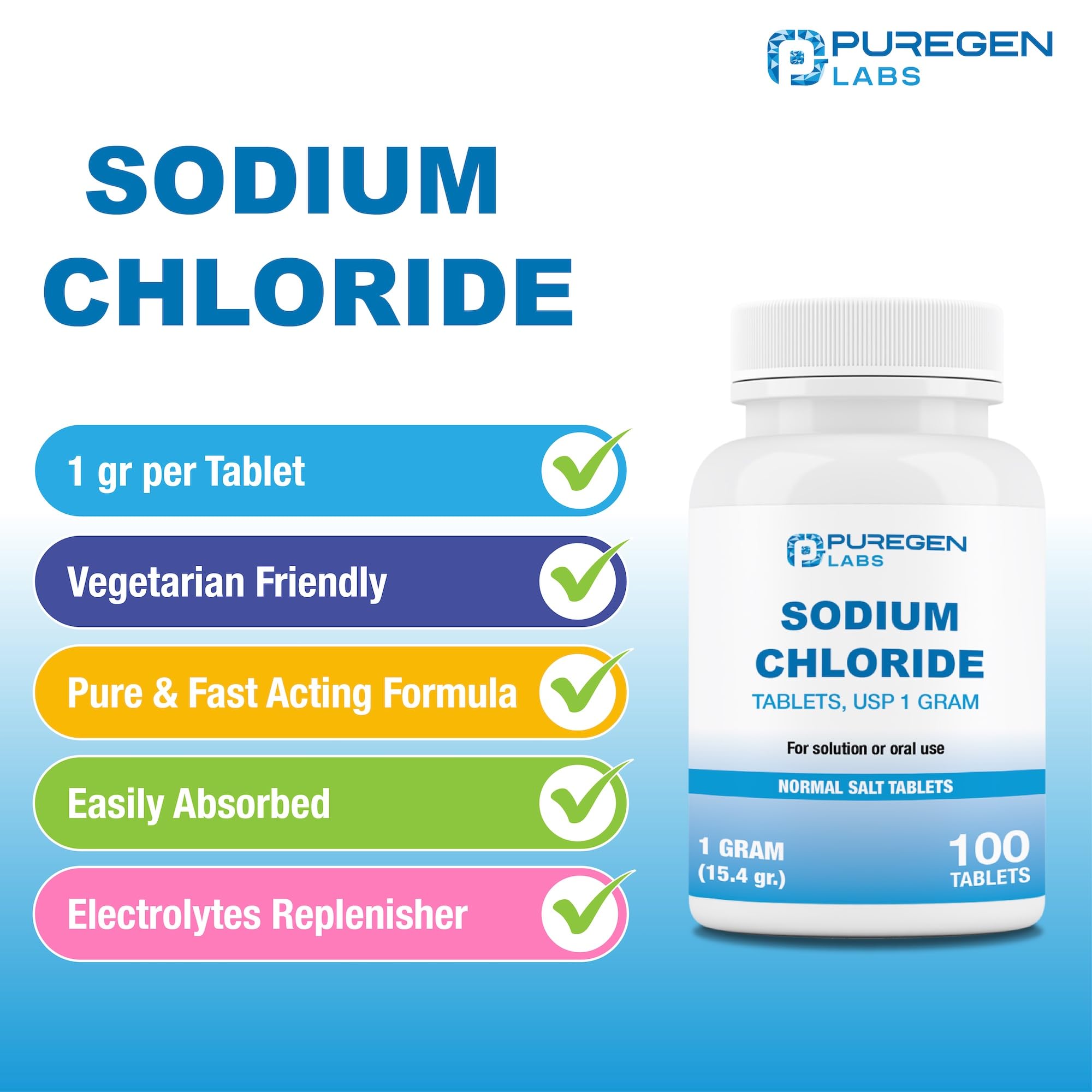 Envase seguro de Puregen Labs tabletas de cloruro de sodio