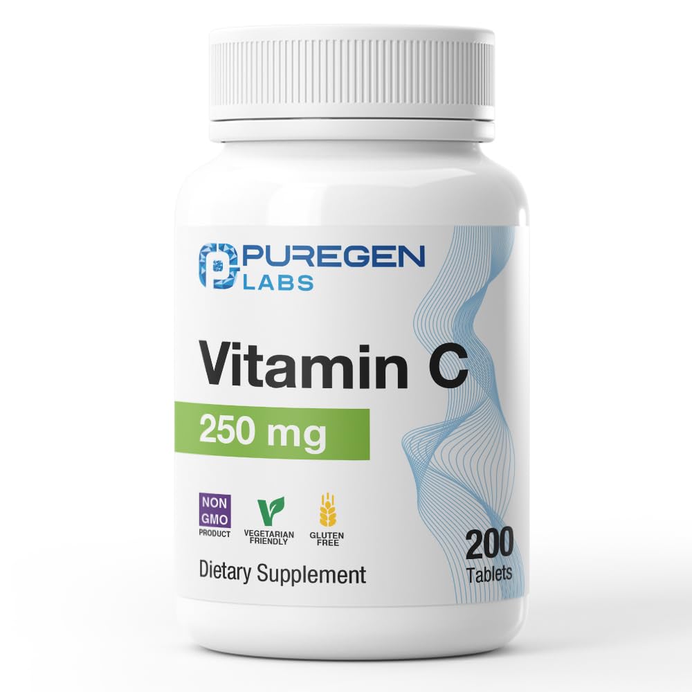 P Puregen Labs Vitamina C 250 mg: botella, posible apoyo inmunitario.
