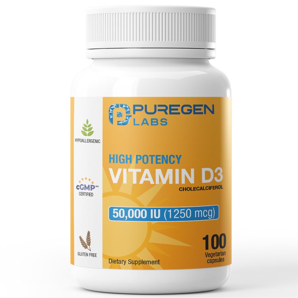 Puregen Labs Vitamina D3: botella con cápsulas para soporte semanal