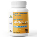 Puregen Labs Vitamina D3: botella con cápsulas para soporte semanal
