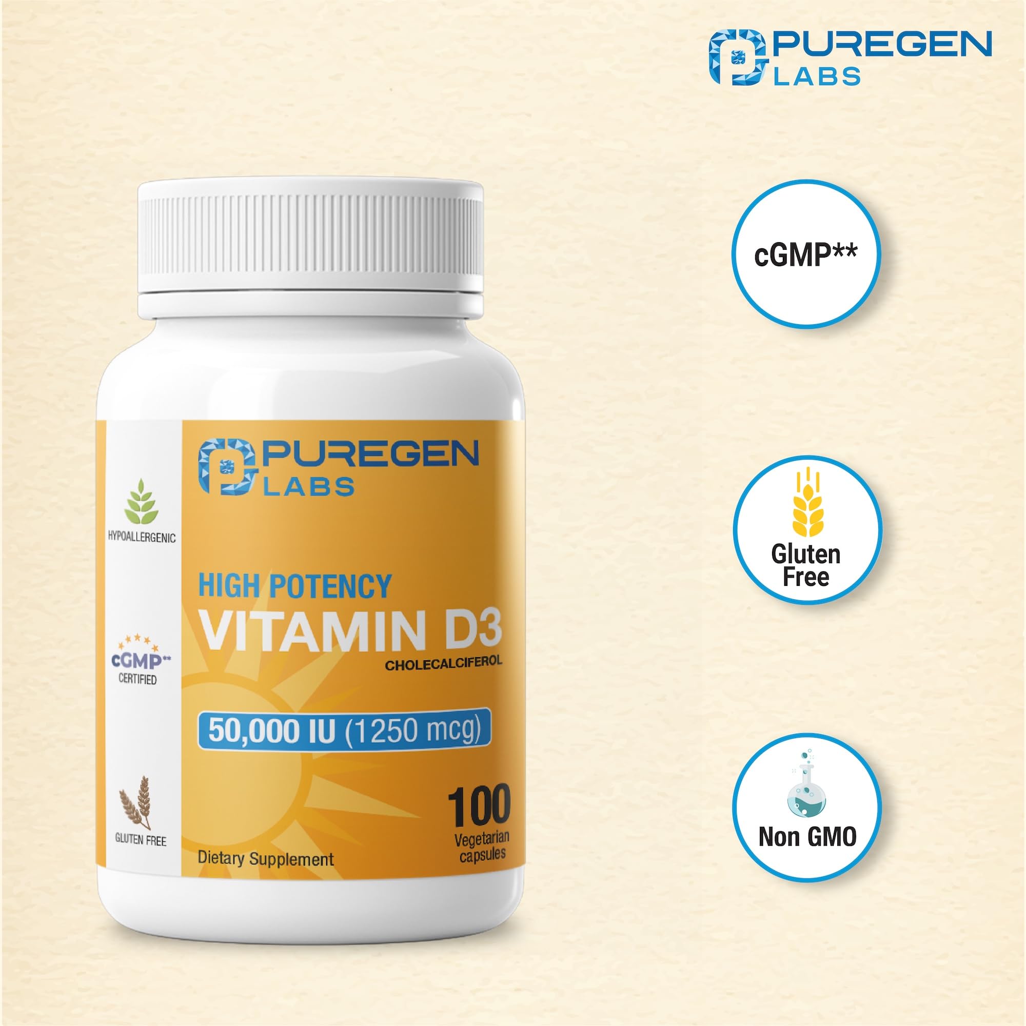 Cápsulas pequeñas de Puregen Labs D3 fáciles de tragar