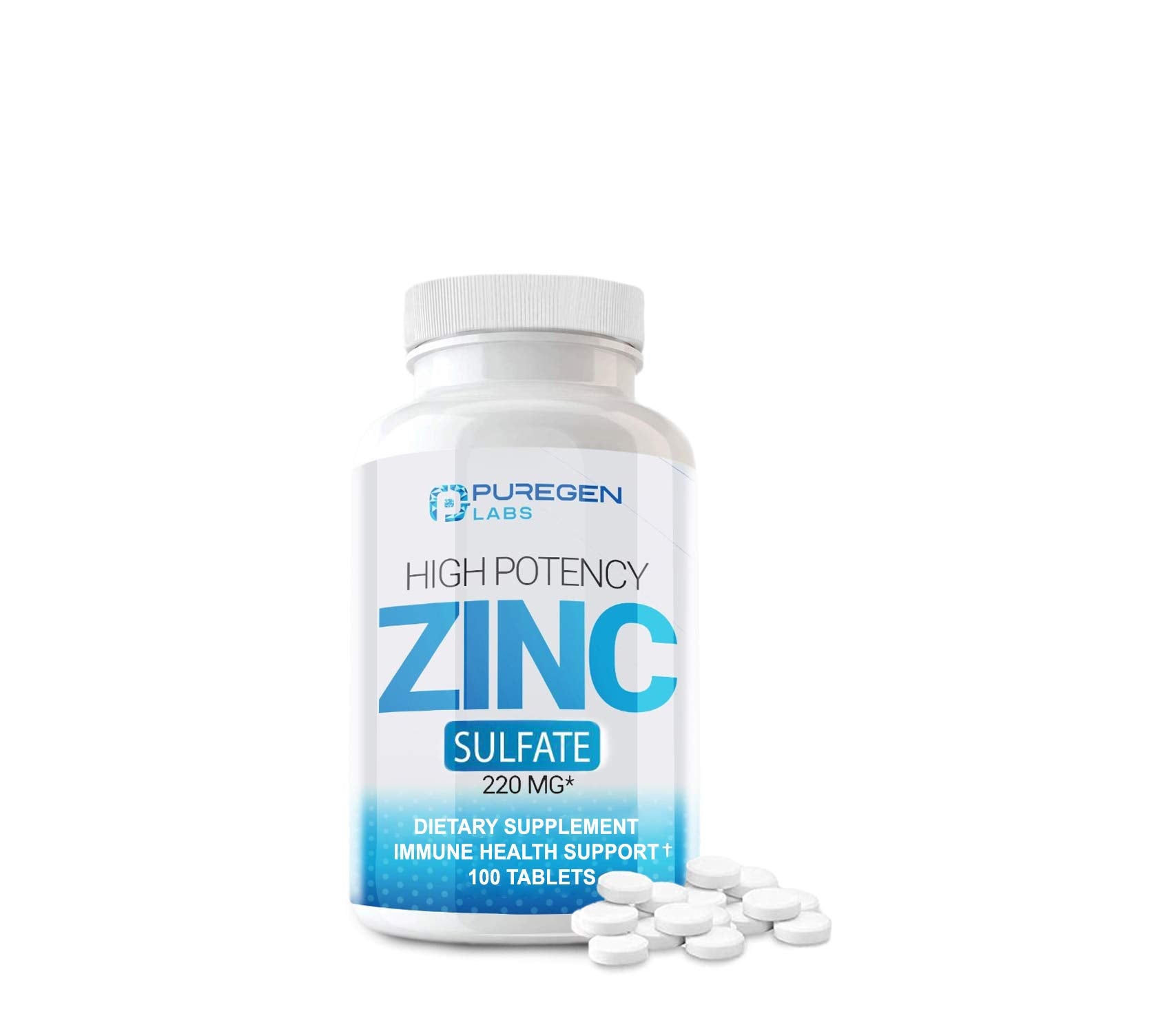 Puregen Labs Zinc 220 mg, botella visible, apoyo diario al sistema inmune
