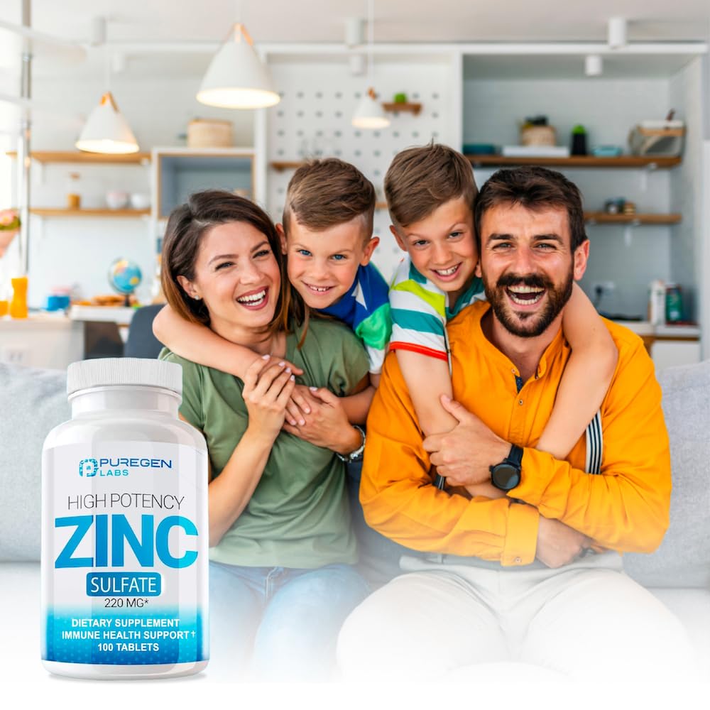 Puregen Labs Zinc 220 mg, uso diario recomendado, apoyo al bienestar general