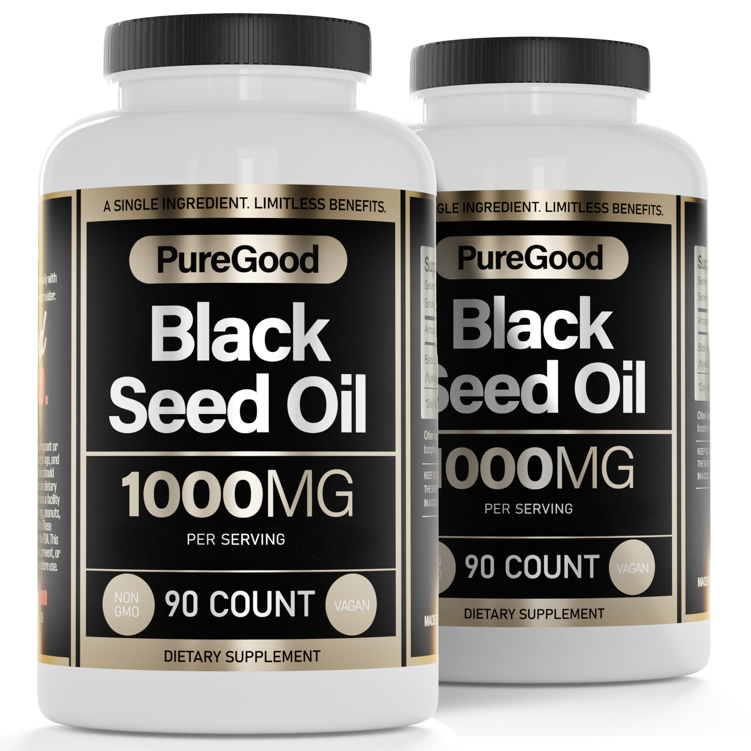 PureGood cápsulas de aceite de comino negro frente al frasco, posible apoyo al bienestar general.