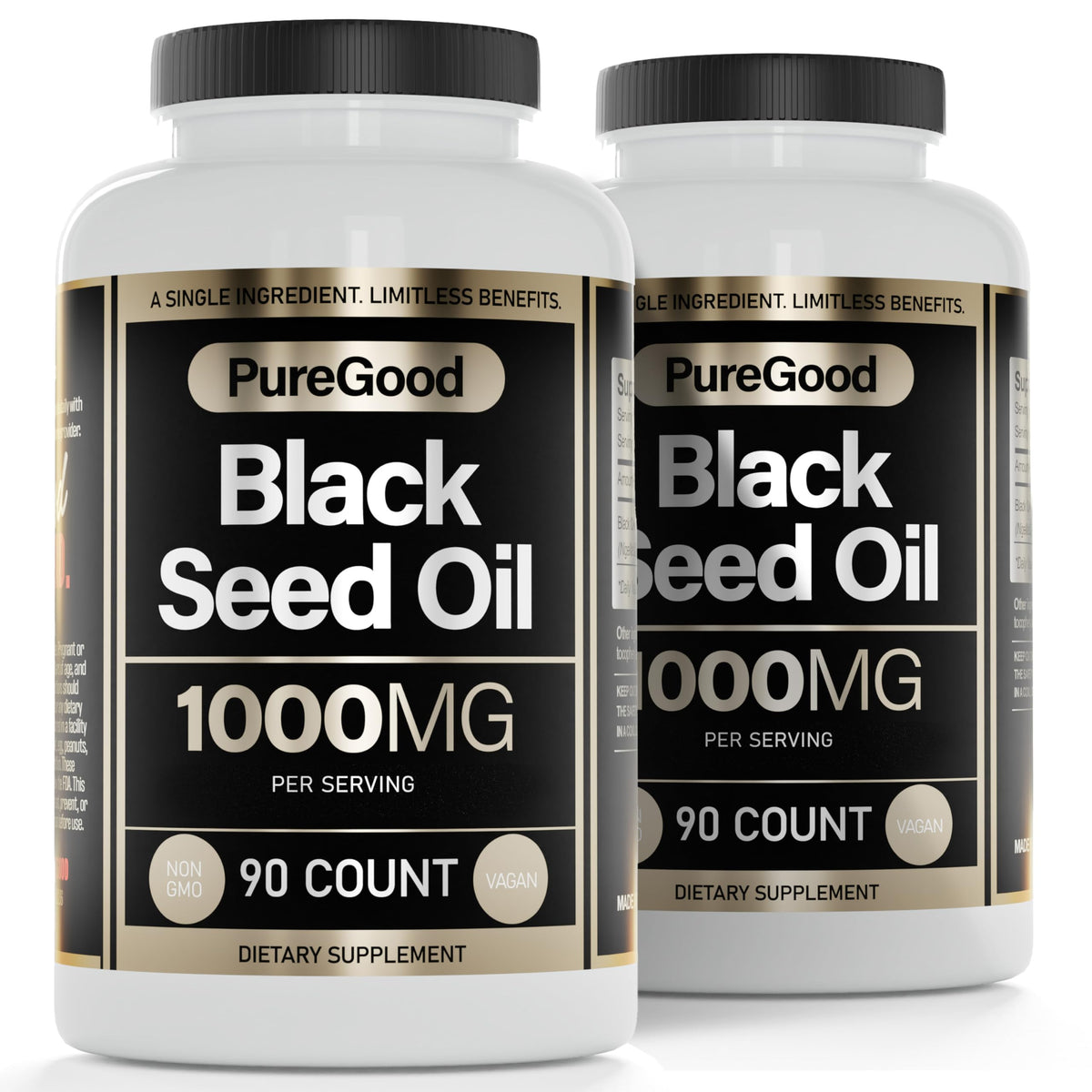 PureGood cápsulas de aceite de comino negro frente al frasco, posible apoyo al bienestar general.