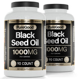 PureGood cápsulas de aceite de comino negro frente al frasco, posible apoyo al bienestar general.