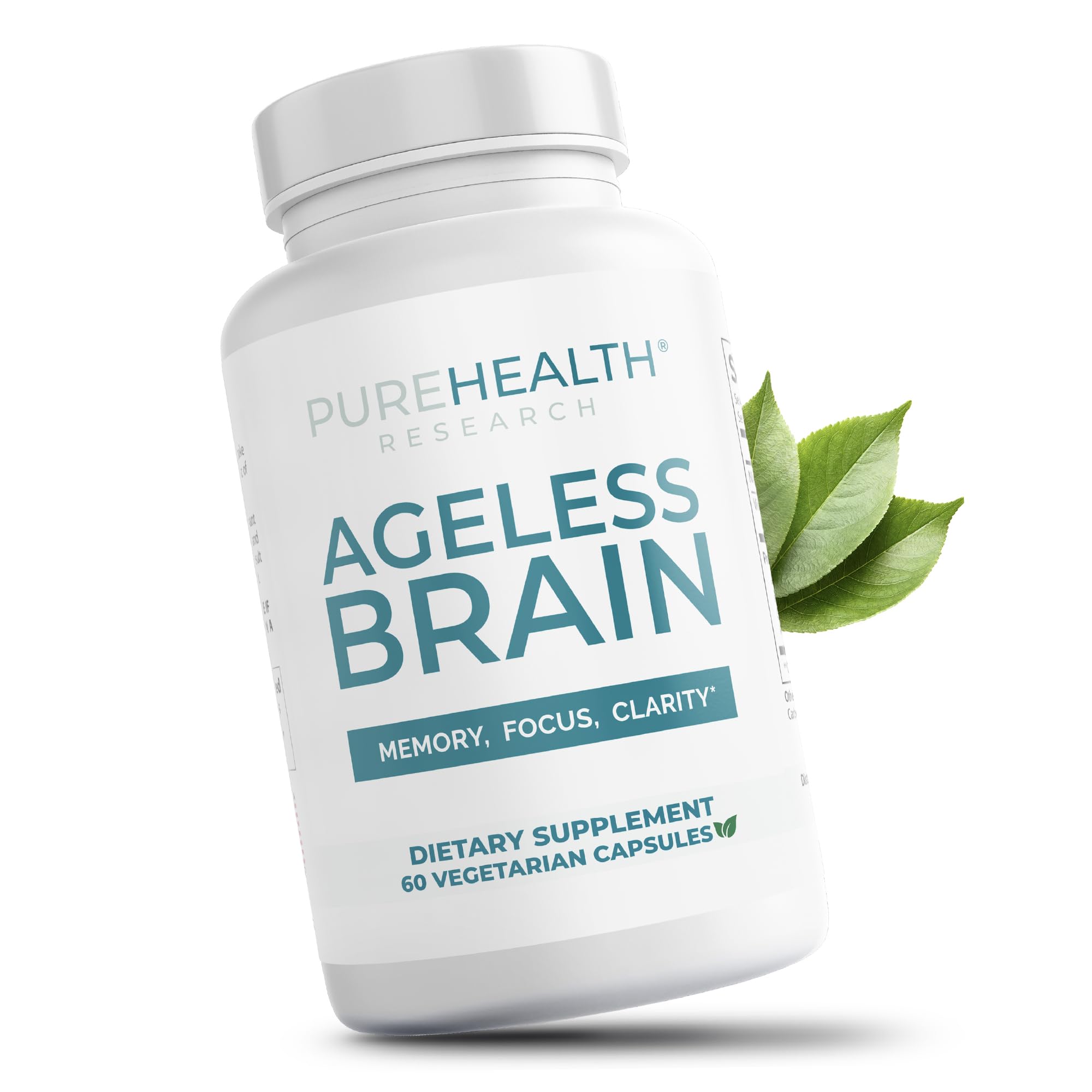 Imagen de PUREHEALTH RESEARCH Ageless Brain en botella con 60 cápsulas para memoria y concentración.