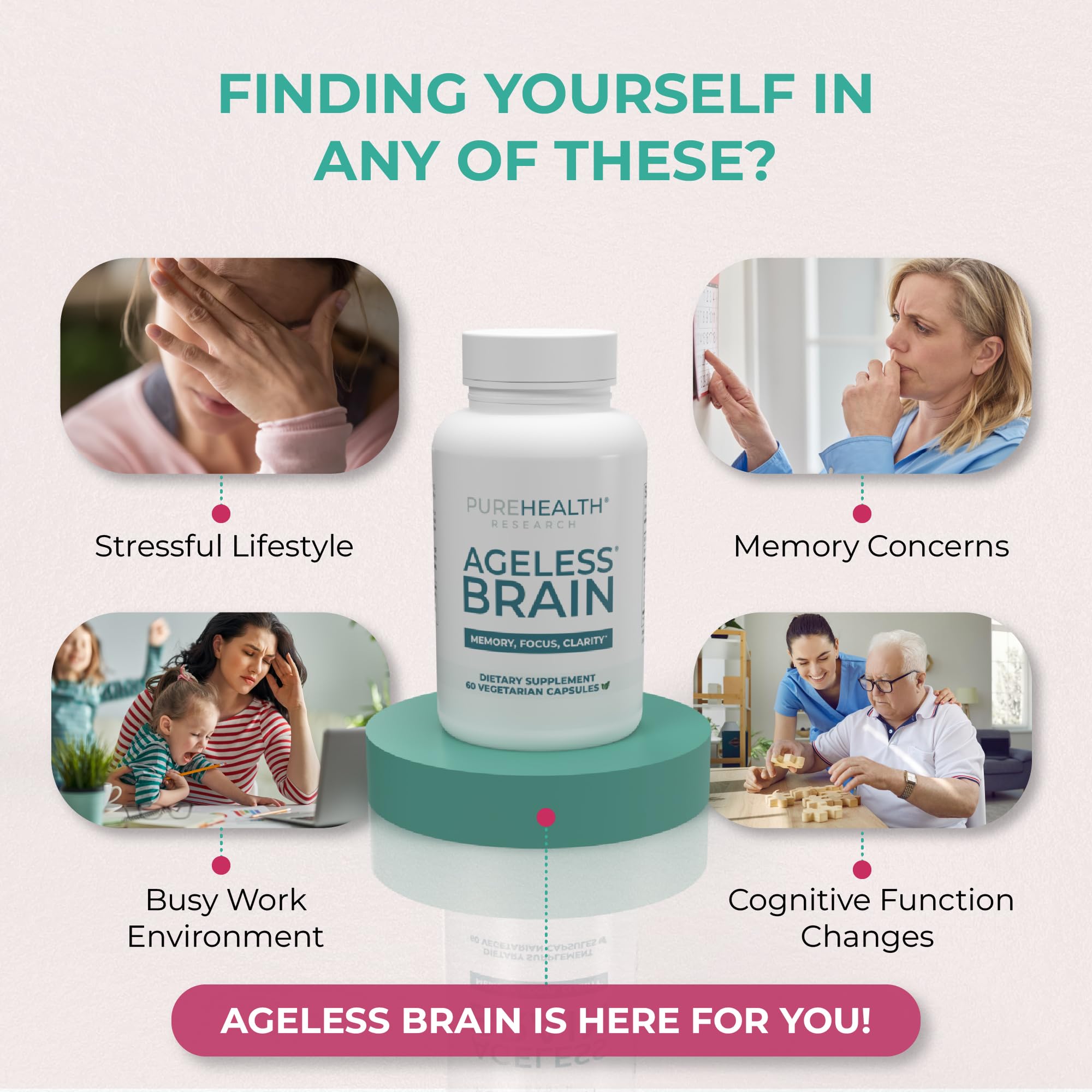 PUREHEALTH RESEARCH Ageless Brain fabricado en Estados Unidos con ingredientes de alta calidad.