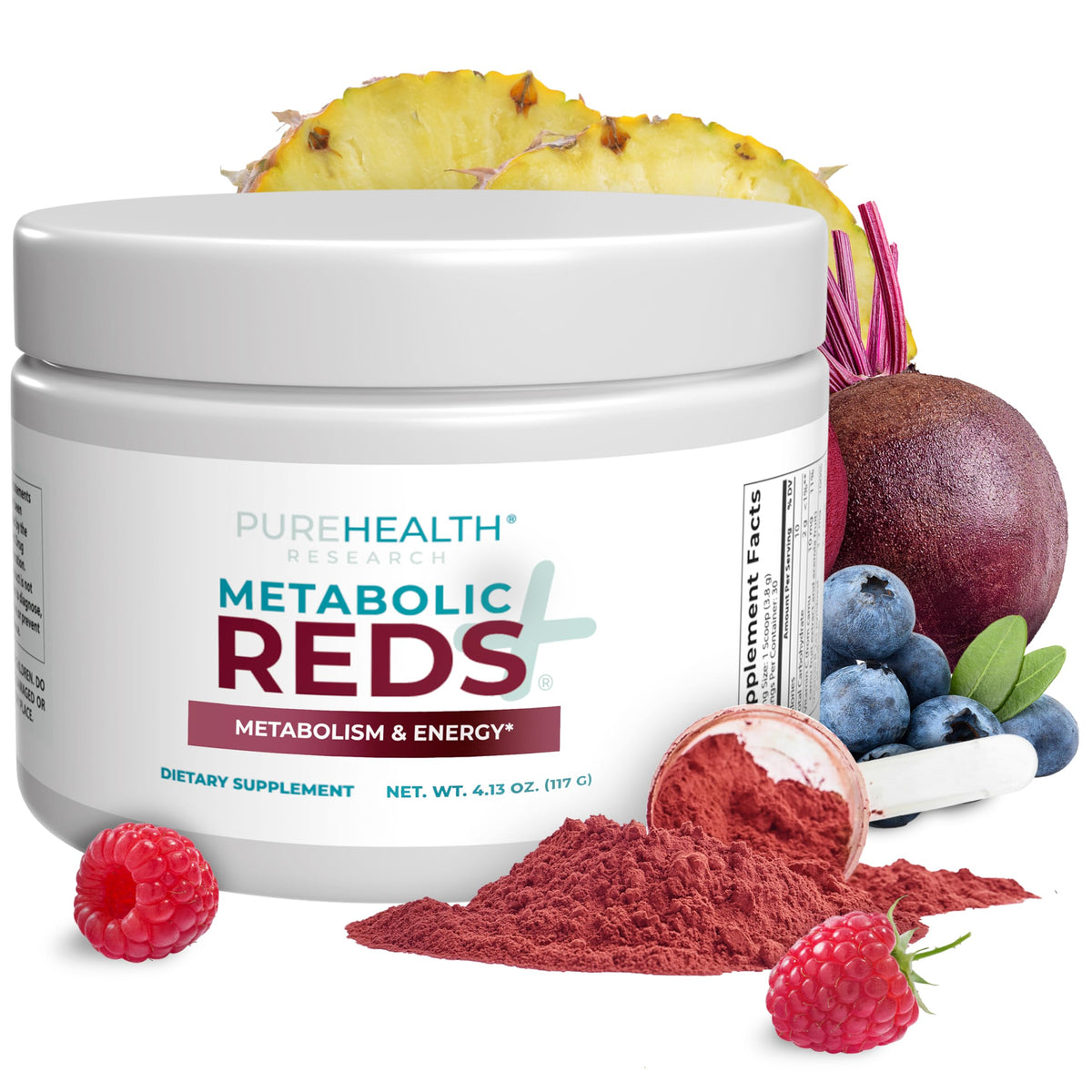PureHealth Reds Superfoods: la botella destaca, posible energía diaria gracias a antioxidantes.