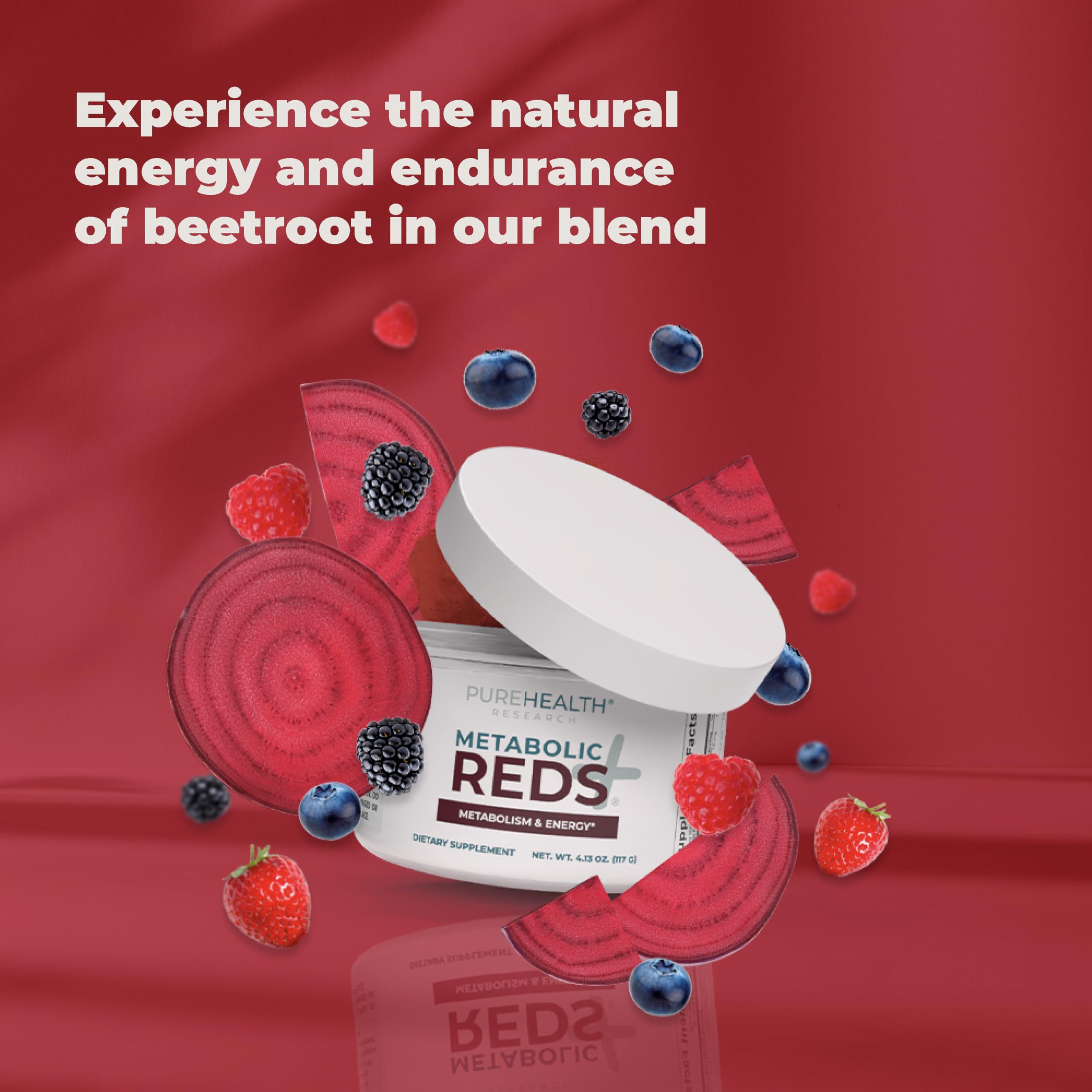 PureHealth Reds Superfoods: ingredientes clave resaltando la mezcla de frutos rojos y probióticos.