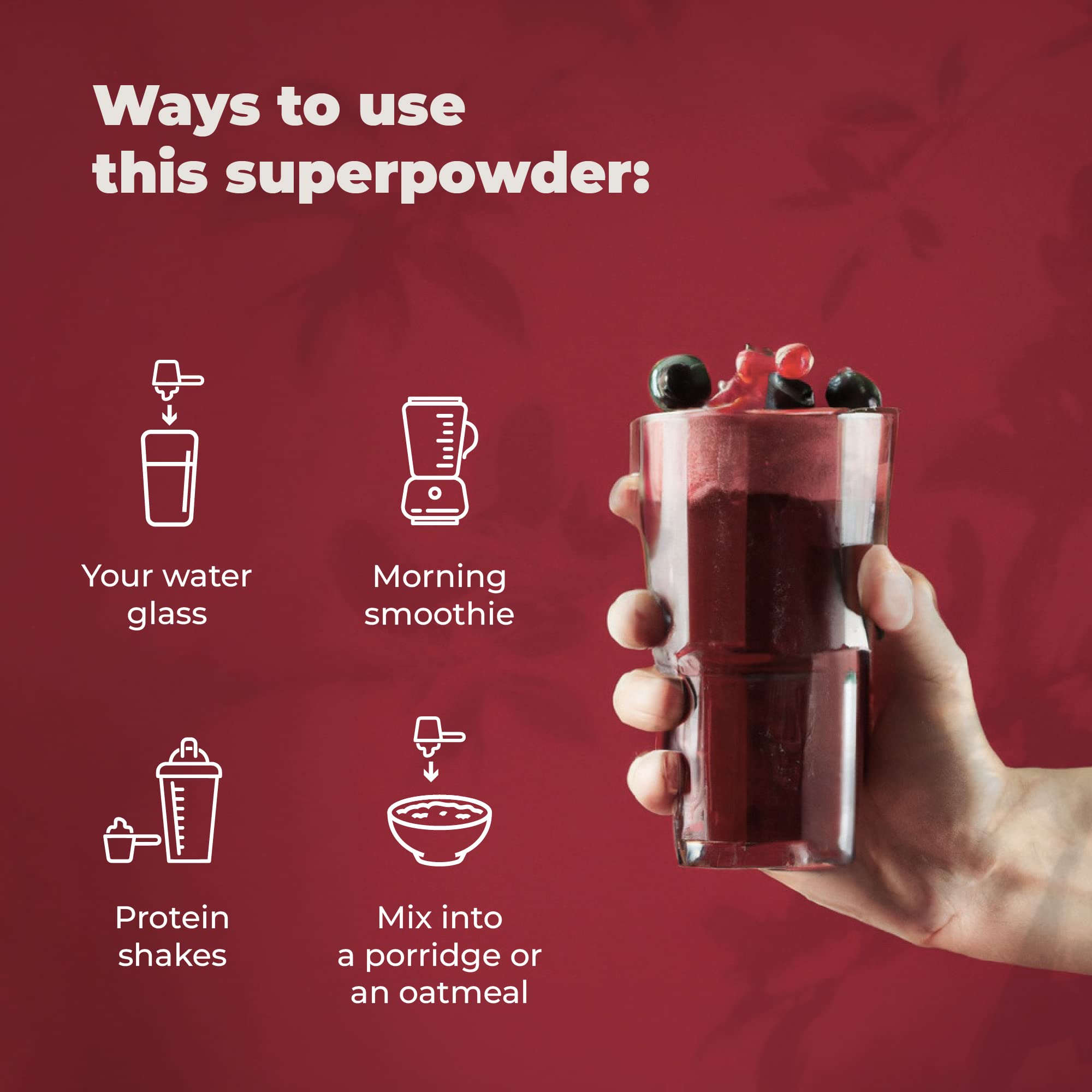 PureHealth Reds Superfoods: vaso con agua, textura suave y sabor afrutado.